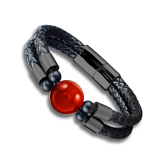 Red Agate Single Gemstone Black PU Leather Bracelet