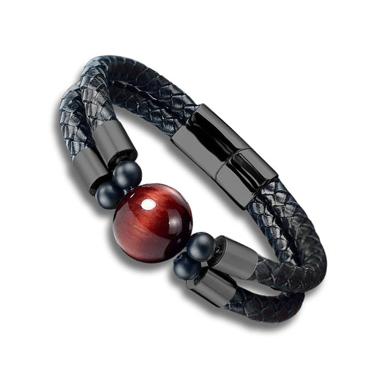 Red Tiger Eye Single Gemstone Black PU Leather Bracelet