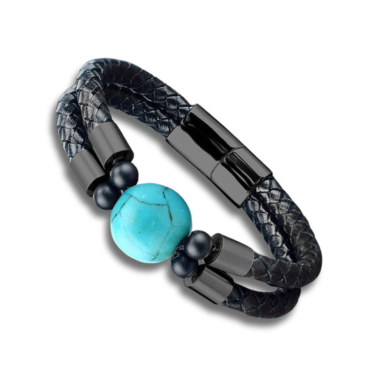 Turquoise Single Gemstone Black PU Leather Bracelet