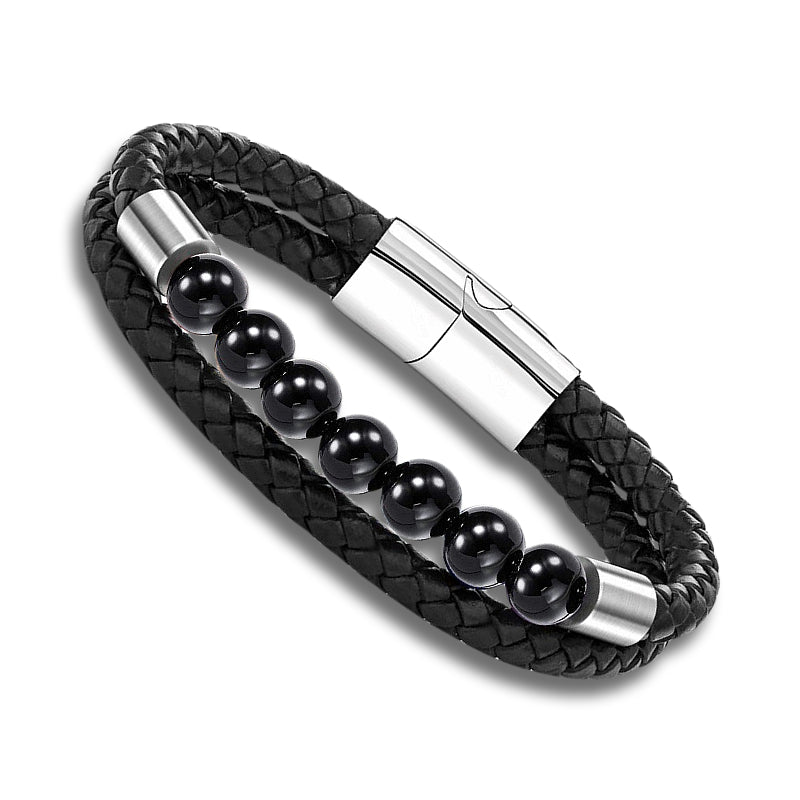 Black Agate Gemstone Black PU Leather Bracelet