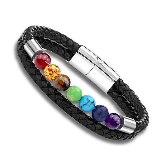 Multi Colour Gemstone Black PU Leather Bracelet