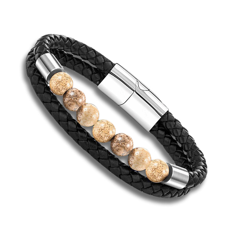 Picture Jasper Gemstone Black PU Leather Bracelet