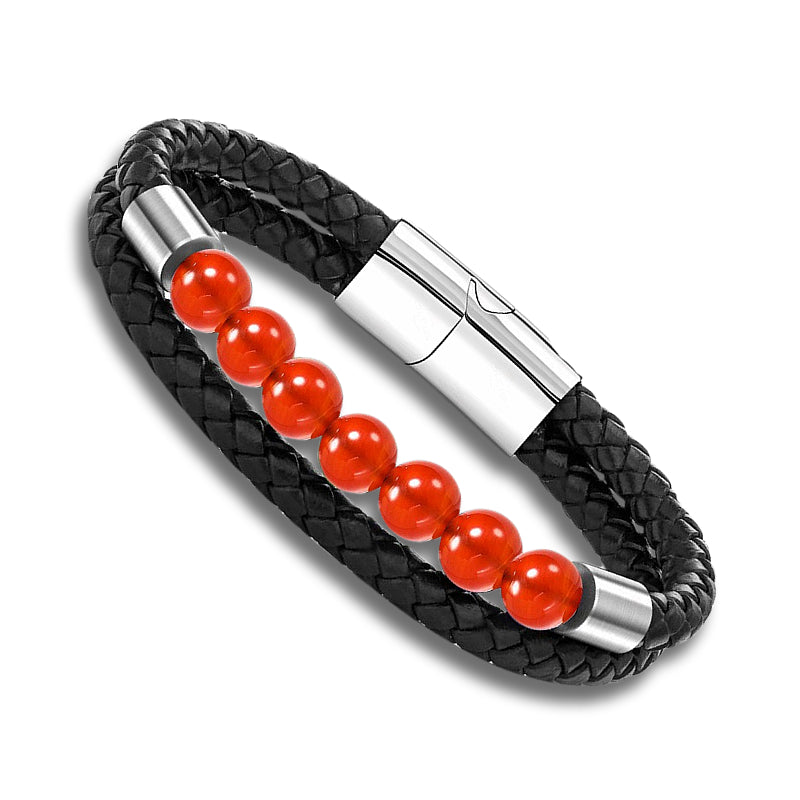 Red Agate Gemstone Black PU Leather Bracelet
