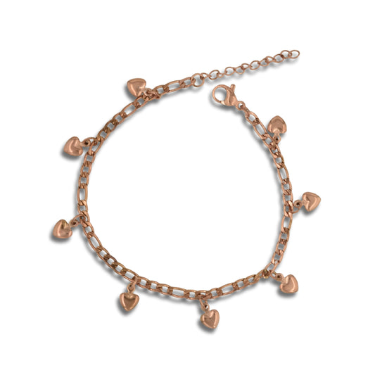 Hearts Figaro Chain Rose Gold Stainless Steel Bracelet