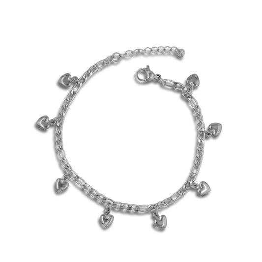 Hearts Figaro Chain Silver Stainless Steel Bracelet