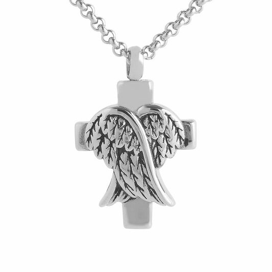 Cross Angel Wings Silver Stainless Steel Keepsake Ashes Cremation Urn Memorial Pendant Necklace