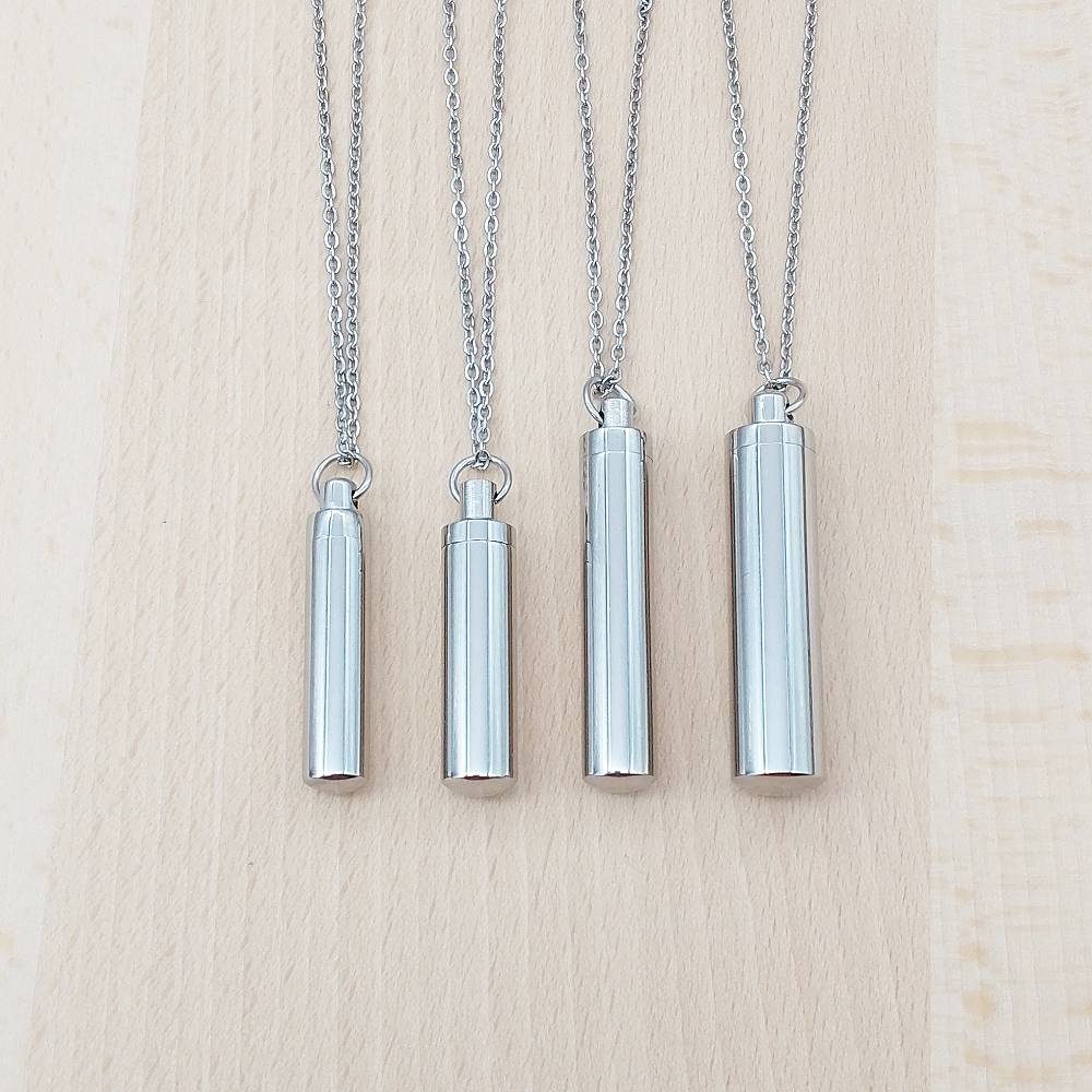 Cylinder Silver Stainless Steel Cremation Ashes Necklace