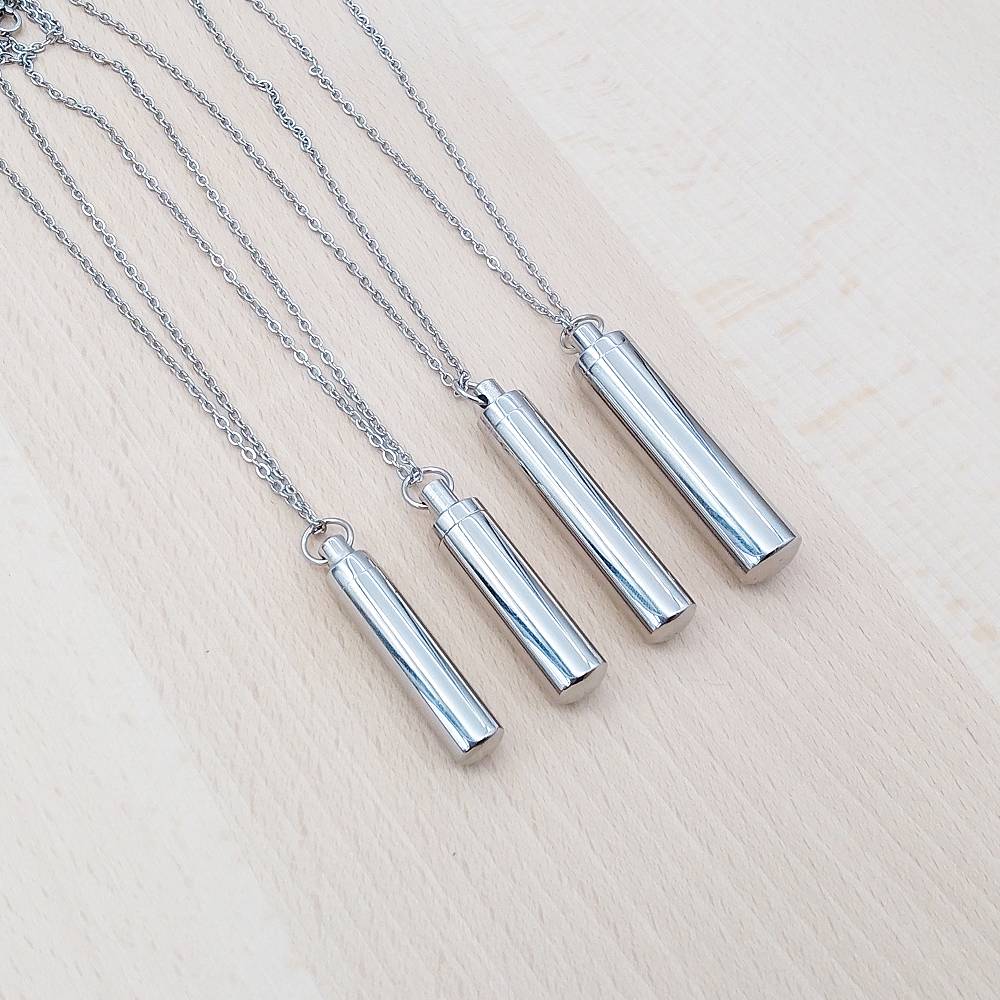 Cylinder Silver Stainless Steel Cremation Ashes Necklace