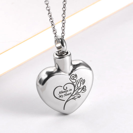 Always In My Heart Flowers Silver Stainless Steel Keepsake Ashes Cremation Urn Memorial Pendant Necklace
