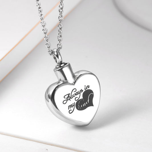 Always In My Heart Words Silver Stainless Steel Keepsake Ashes Cremation Urn Memorial Pendant Necklace