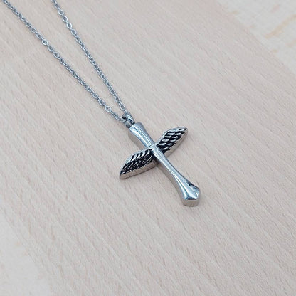 Cross Wings Silver Stainless Steel Cremation Ashes Necklace