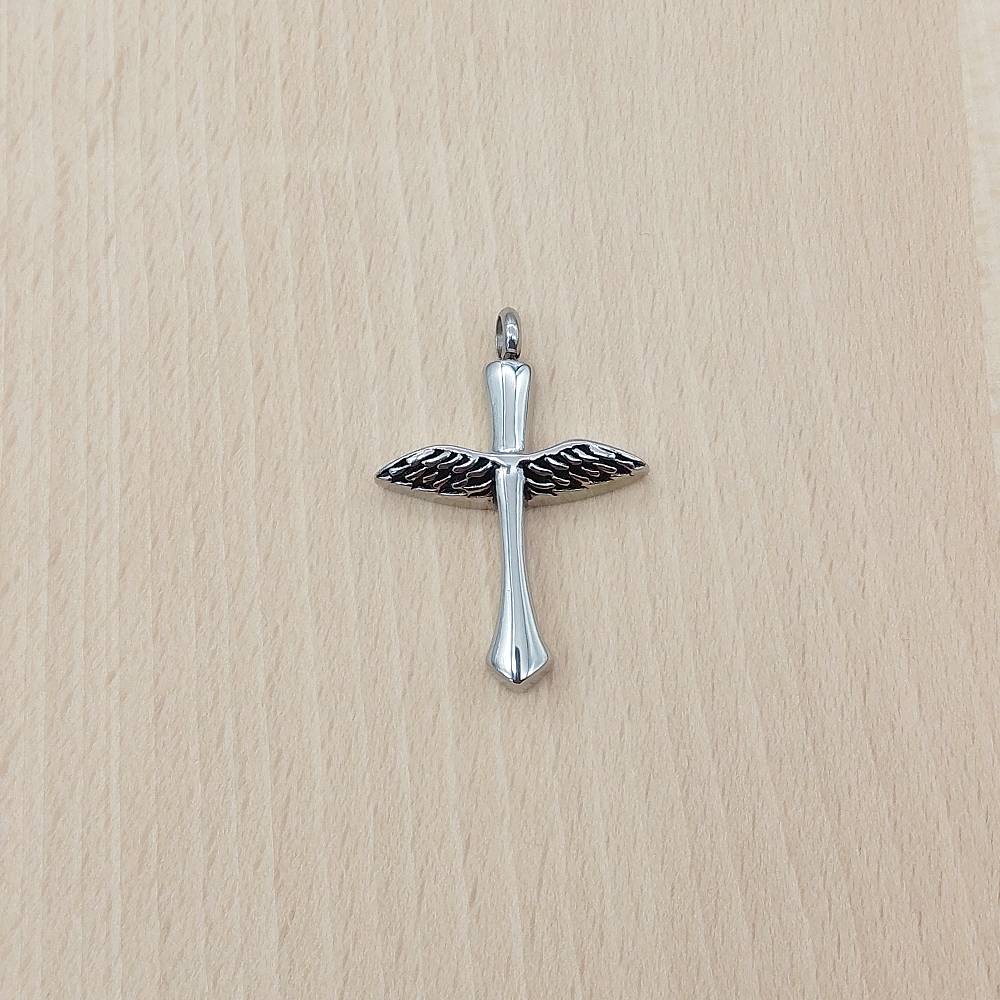 Cross Wings Silver Stainless Steel Cremation Ashes Necklace