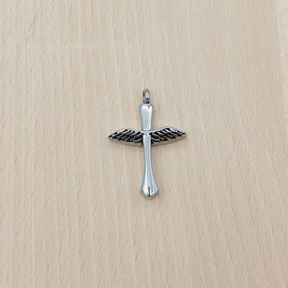 Cross Wings Silver Stainless Steel Cremation Ashes Necklace