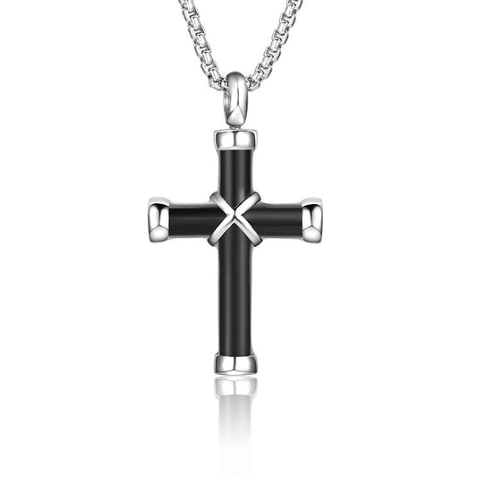 Cross Black Enamel Silver Stainless Steel Keepsake Ashes Cremation Urn Memorial Pendant Necklace