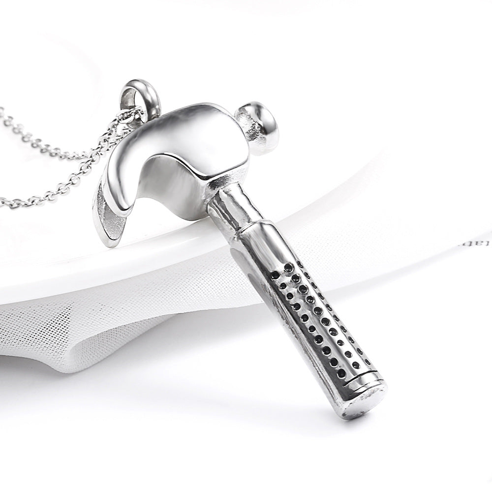 Hammer Silver Stainless Steel Keepsake Ashes Cremation Urn Memorial Pendant Necklace