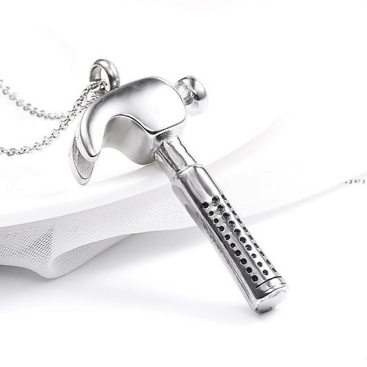 Hammer Silver Stainless Steel Keepsake Ashes Cremation Urn Memorial Pendant Necklace