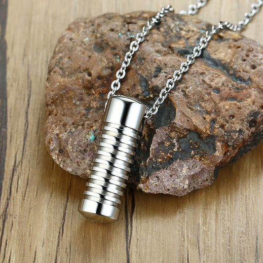 Ridged Cylinder Silver Stainless Steel Keepsake Ashes Cremation Urn Memorial Pendant Necklace