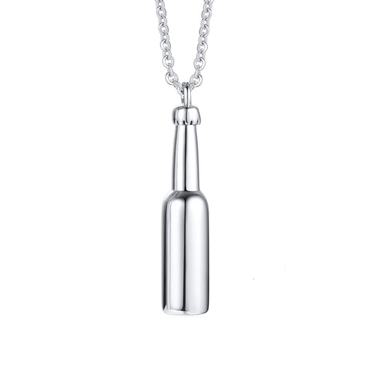 Beer Bottle Silver Stainless Steel Keepsake Ashes Cremation Urn Memorial Pendant Necklace