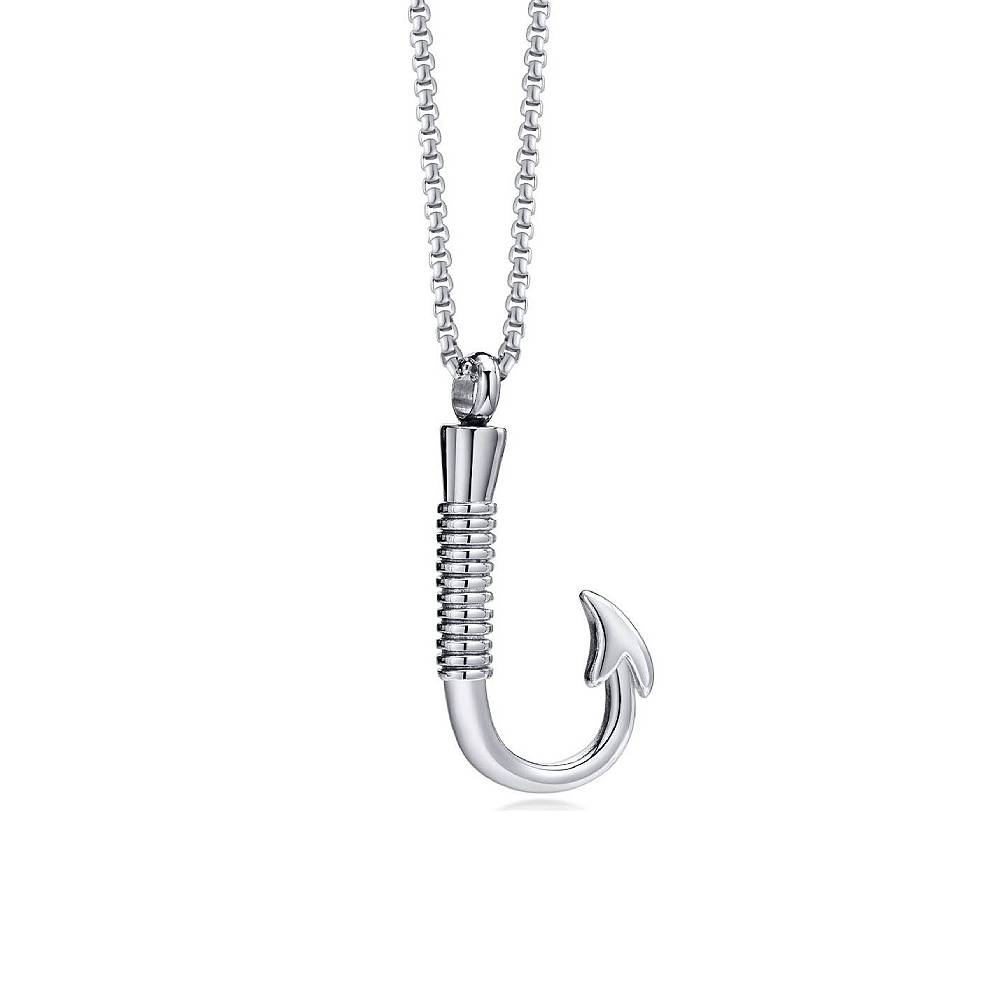 Fish Hook Silver Stainless Steel Keepsake Ashes Cremation Urn Memorial Pendant Necklace