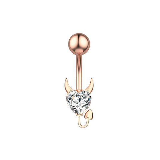 Devil Clear Heart CZ Rose Gold Stainless Steel Belly Bar