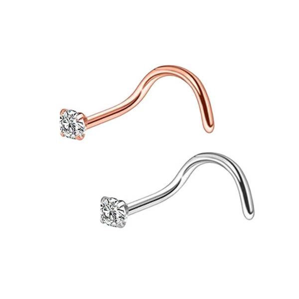 2 Clear CZ Titanium Steel Curved Screw Nose Studs 0.8mm/20g