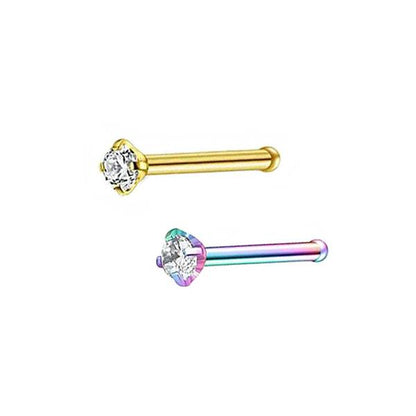 2 Clear CZ Stainless Steel Straight Nose Bone Studs 0.8mm/20g