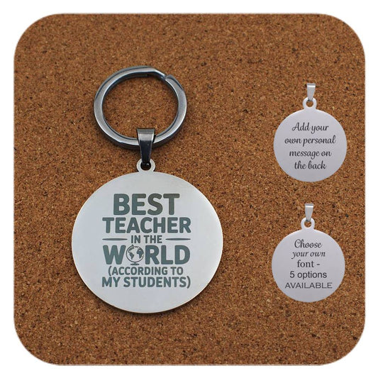 Keychain with 'Best Teacher in the World' message on a cork card