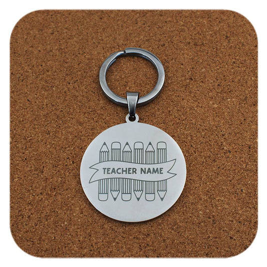 Crayons With Teachers Name Stainless Steel Keyring Engraved Custom Personalised
