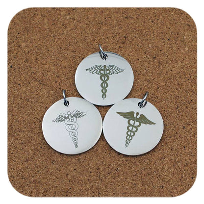 Caduceus Medical ID Stainless Steel Pendant Clip On Charm Necklace Engraved Custom