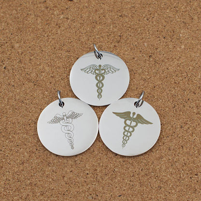Medical ID Alert Caduceus Engraved Stainless Steel Pendant | Clip On Charm | Necklace