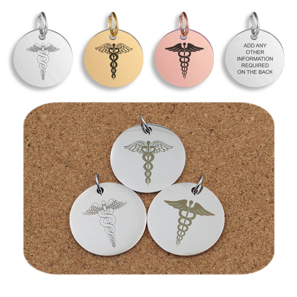 Medical ID Alert Caduceus Engraved Stainless Steel Pendant | Clip On Charm | Necklace