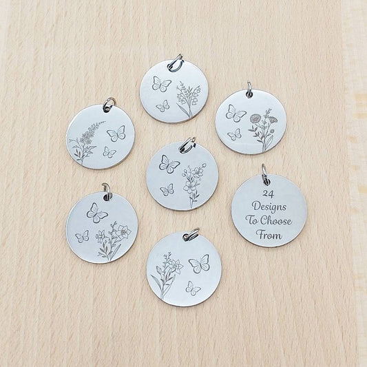 Birth Flower & Butterfly Silver Stainless Steel Pendant | Clip On Charm | Necklace