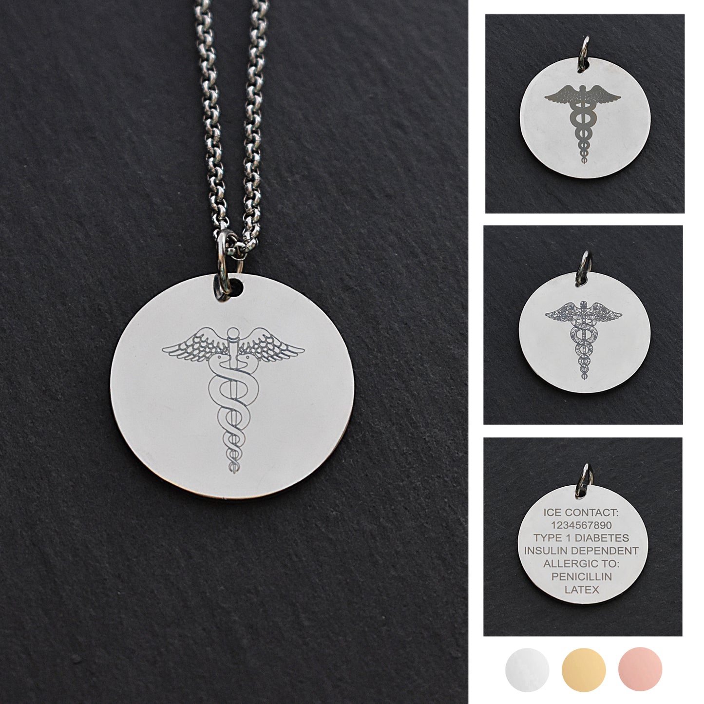 Medical ID Alert Caduceus Stainless Steel Necklace