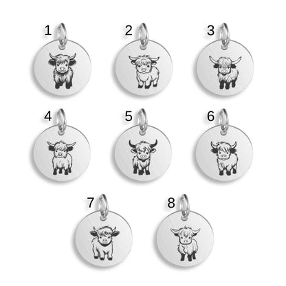 Highland Cow Pendant Clip On Charm Necklace Custom Engraved Stainless Steel