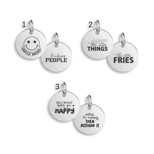 Smiles & Motivation Pendant Clip On Charm Necklace Stainless Steel Engraved