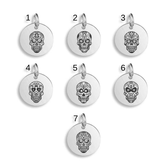 Sugar Skull Pendant Clip On Charm Necklace Stainless Steel Custom Engraved