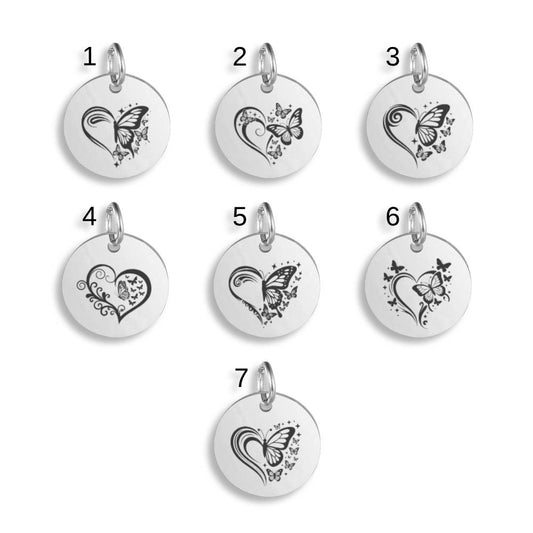 Hearts & Butterflies Stainless Steel Engraved Custom Pendant Clip On Charm Necklace