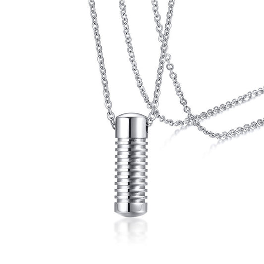 Ridged Cylinder Silver Stainless Steel Cremation Ashes Necklace