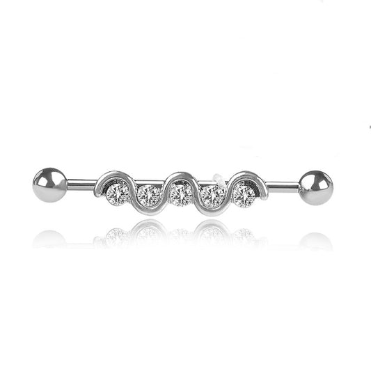 Wavy Clear CZ Silver Stainless Steel Industrial Scaffold Barbell