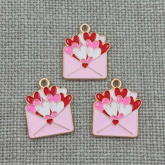 10 pack pink hearts envelope gold tone charms pendants