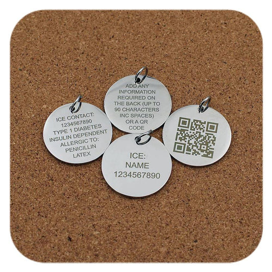 Personalised engraving examples for Star Of Life Emergency ID pendants, clip on charms and necklaces