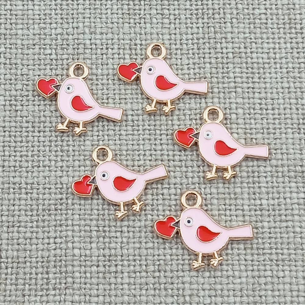 pink bird with red heart gold tone charms pendants 10 pack