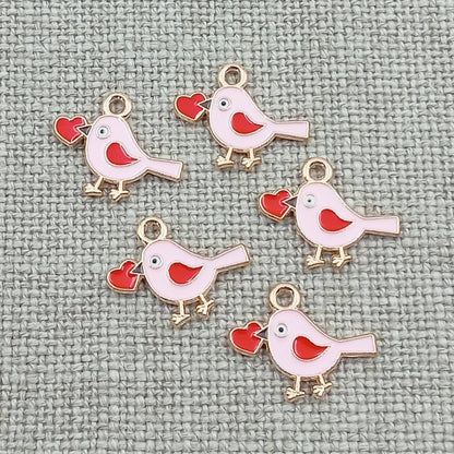 pink bird with red heart gold tone charms pendants 10 pack