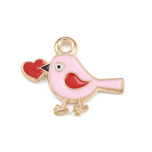 Gold tone pink bird with red heart charms for necklaces, bracelets and keyrings