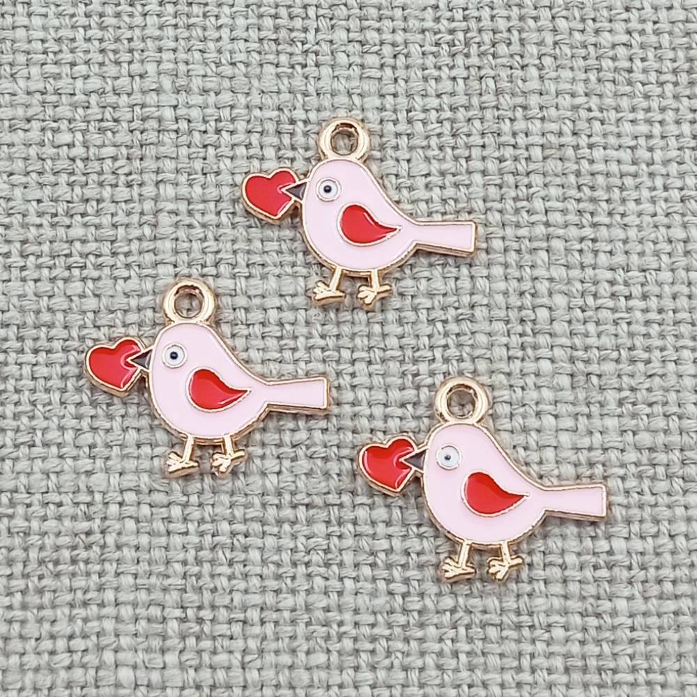 10 pack pink bird with red heart gold tone charms pendants
