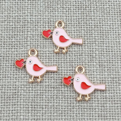 10 pack pink bird with red heart gold tone charms pendants