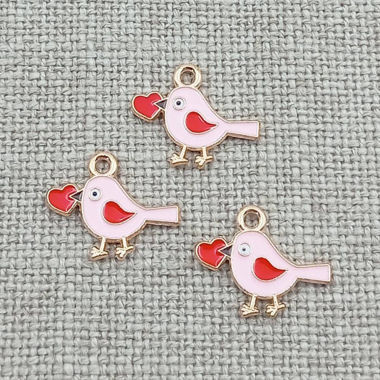 10 pack pink bird with red heart gold tone charms pendants