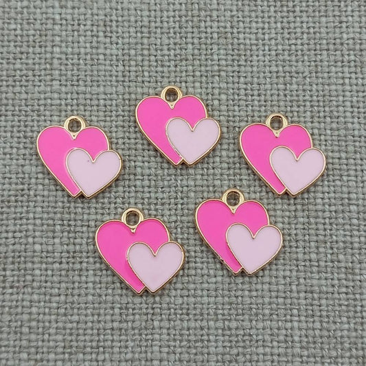 10 pack pink double hearts gold tone charms pendants