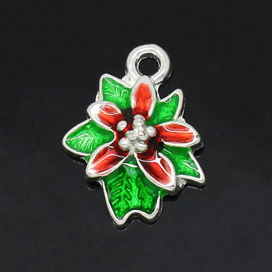 poinsettia silver-plated enamel charms 10 pack