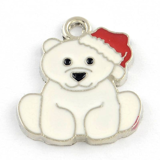polar bear Christmas hat silver-plated enamel charms 10 pack